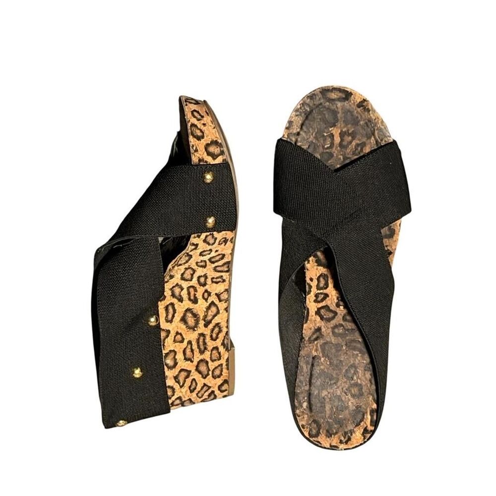 Black and Leopard print wedge sandals with studded straps